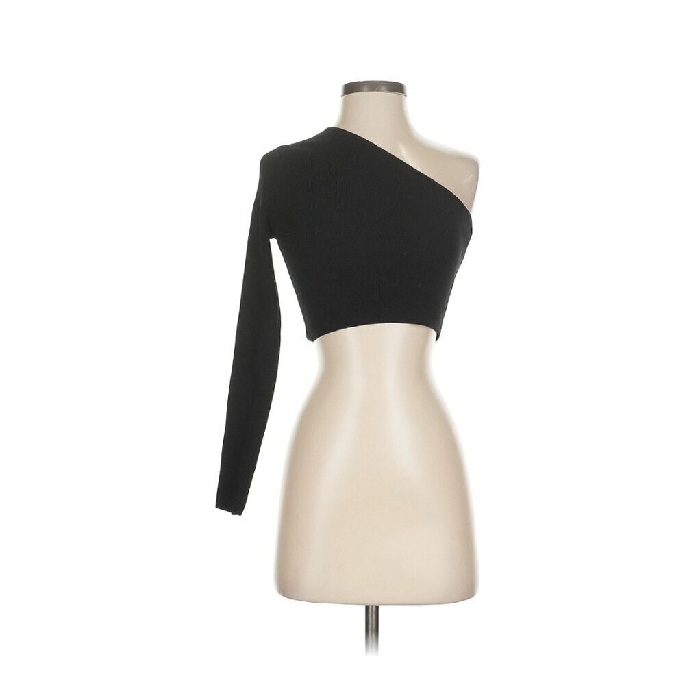 Zara Ribbed Black One Long Sleeve Cropped Top Small
